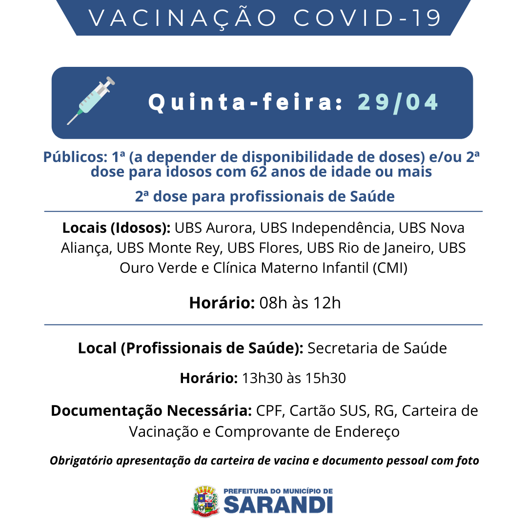 Cronograma de Vacinação contra Covid-19 - Quinta-feira - 29/04/2021